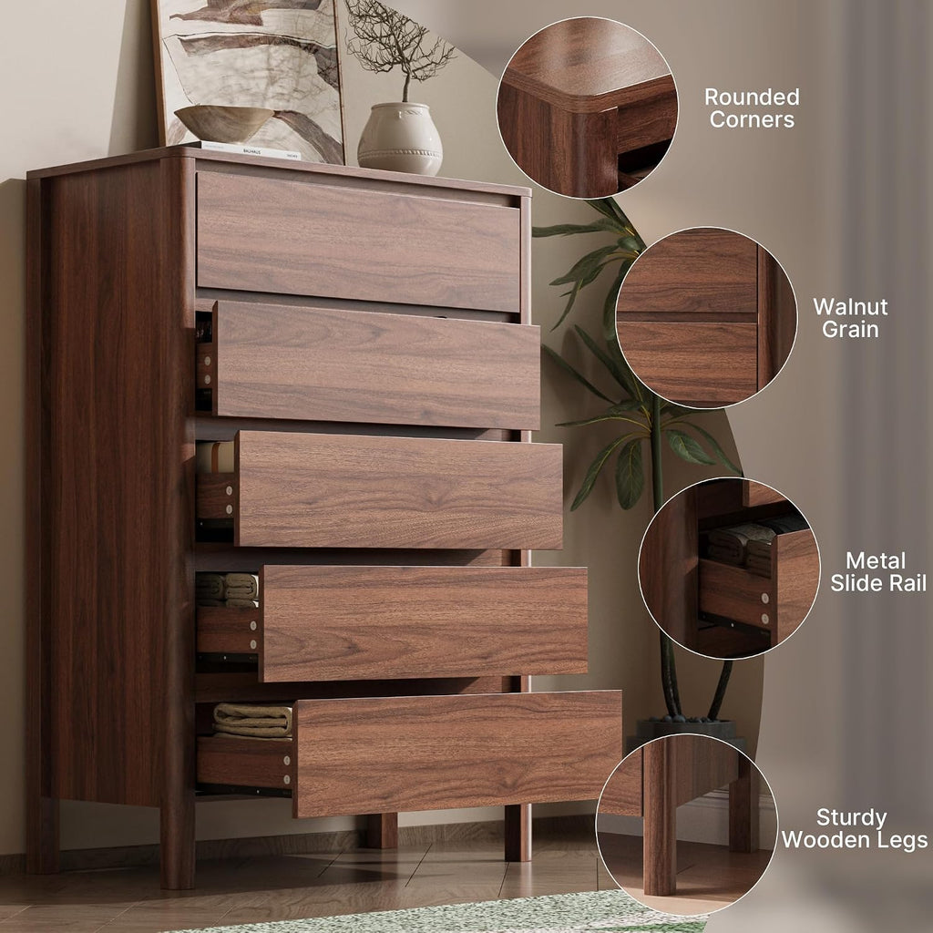 Walnut Hidden Handle 5 Drawer Dresser