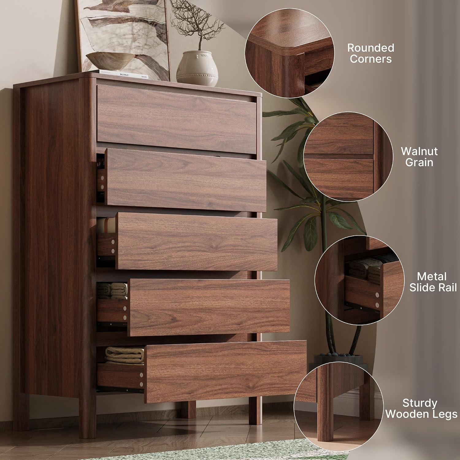 Walnut Hidden Handle 5 Drawer Dresser