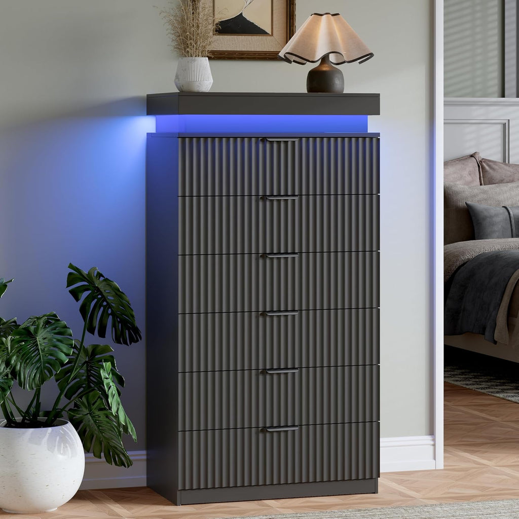 Black 6 Drawer LED Charging Wooden Bedroom Dresser