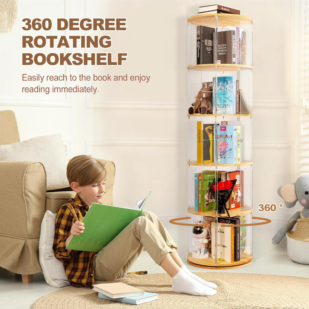 5-Tier Rotating Wood Acrylic Bookshelf