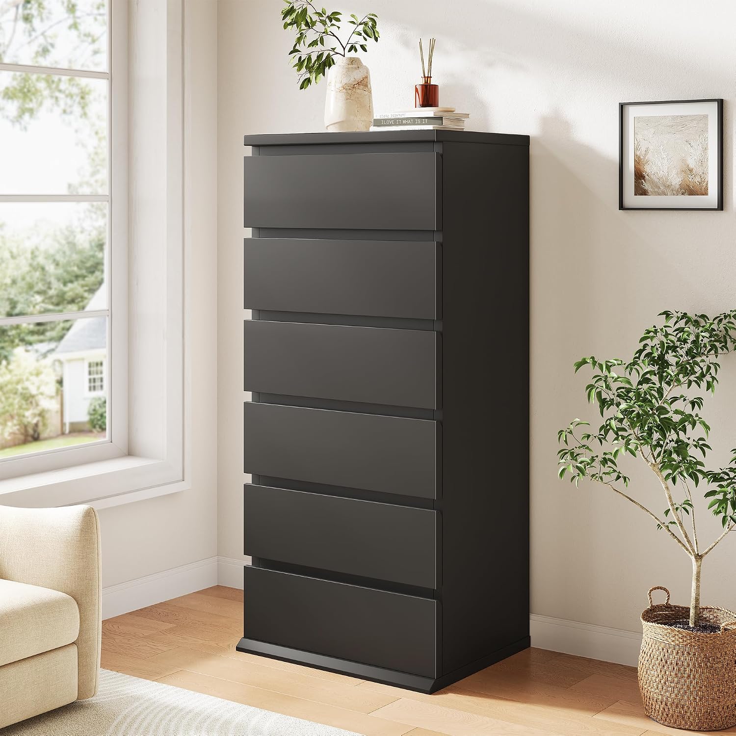 Black Handleless 6 Drawer Tall Wooden Dresser