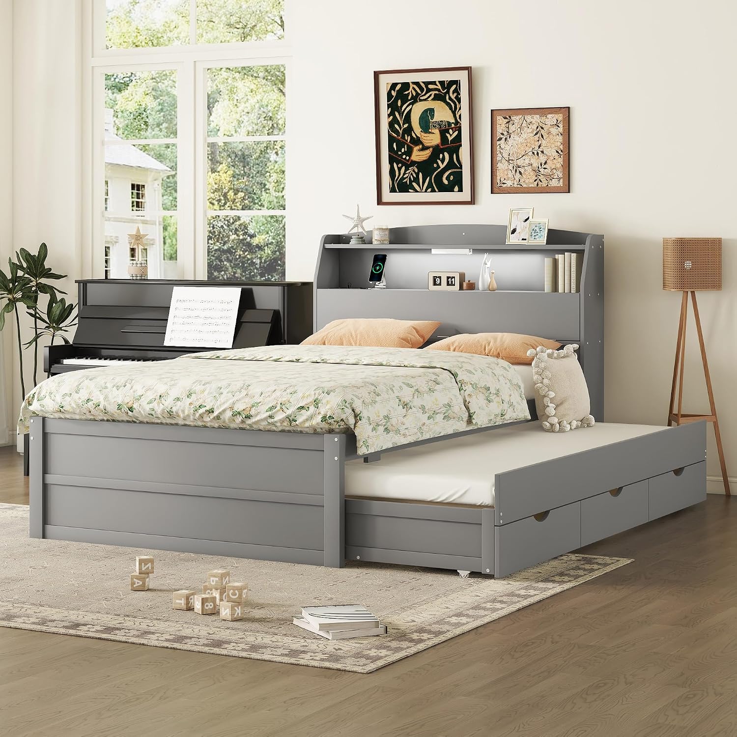 Gray Full LED Trundle Platform Bed