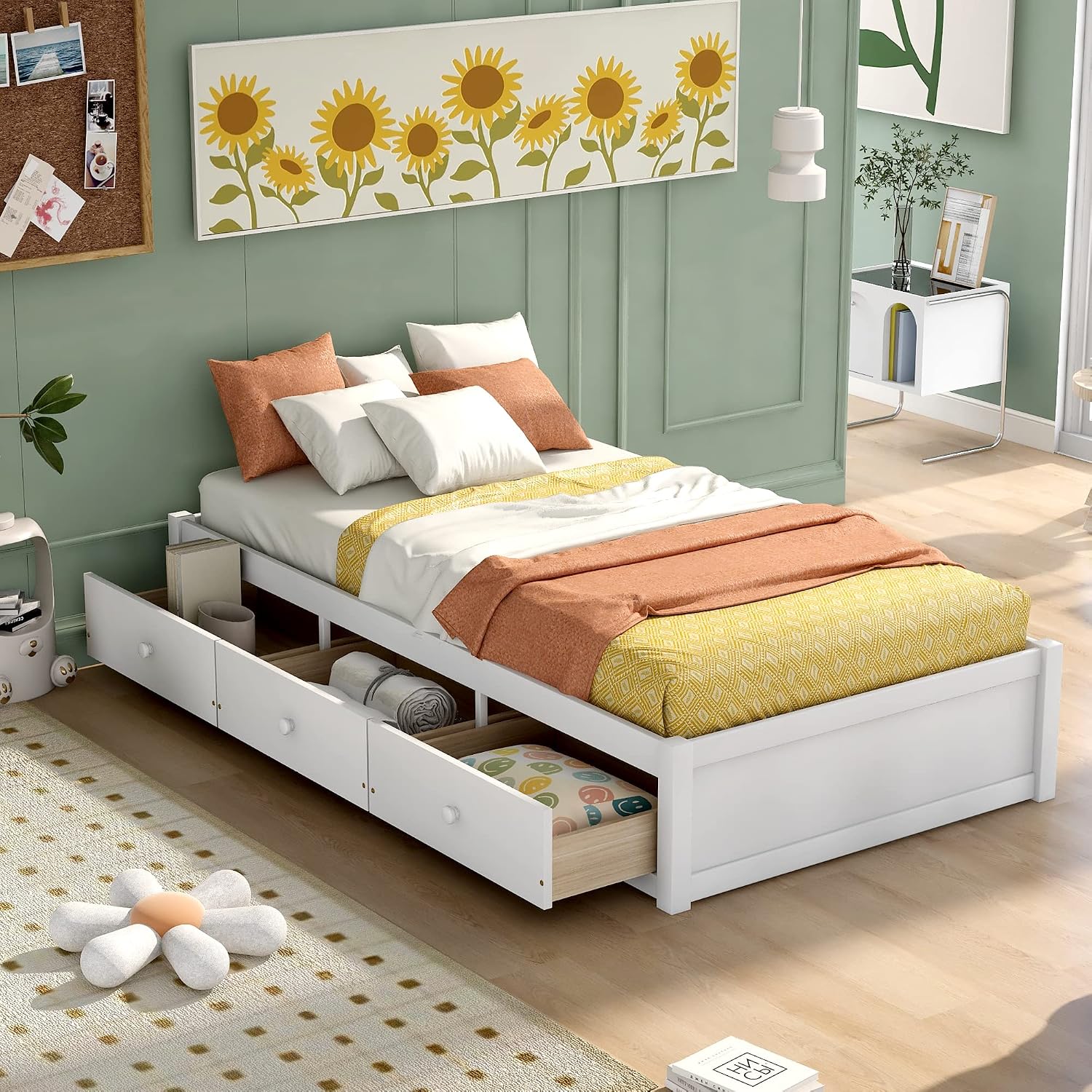 White Twin Drawer Storage Wood Bed