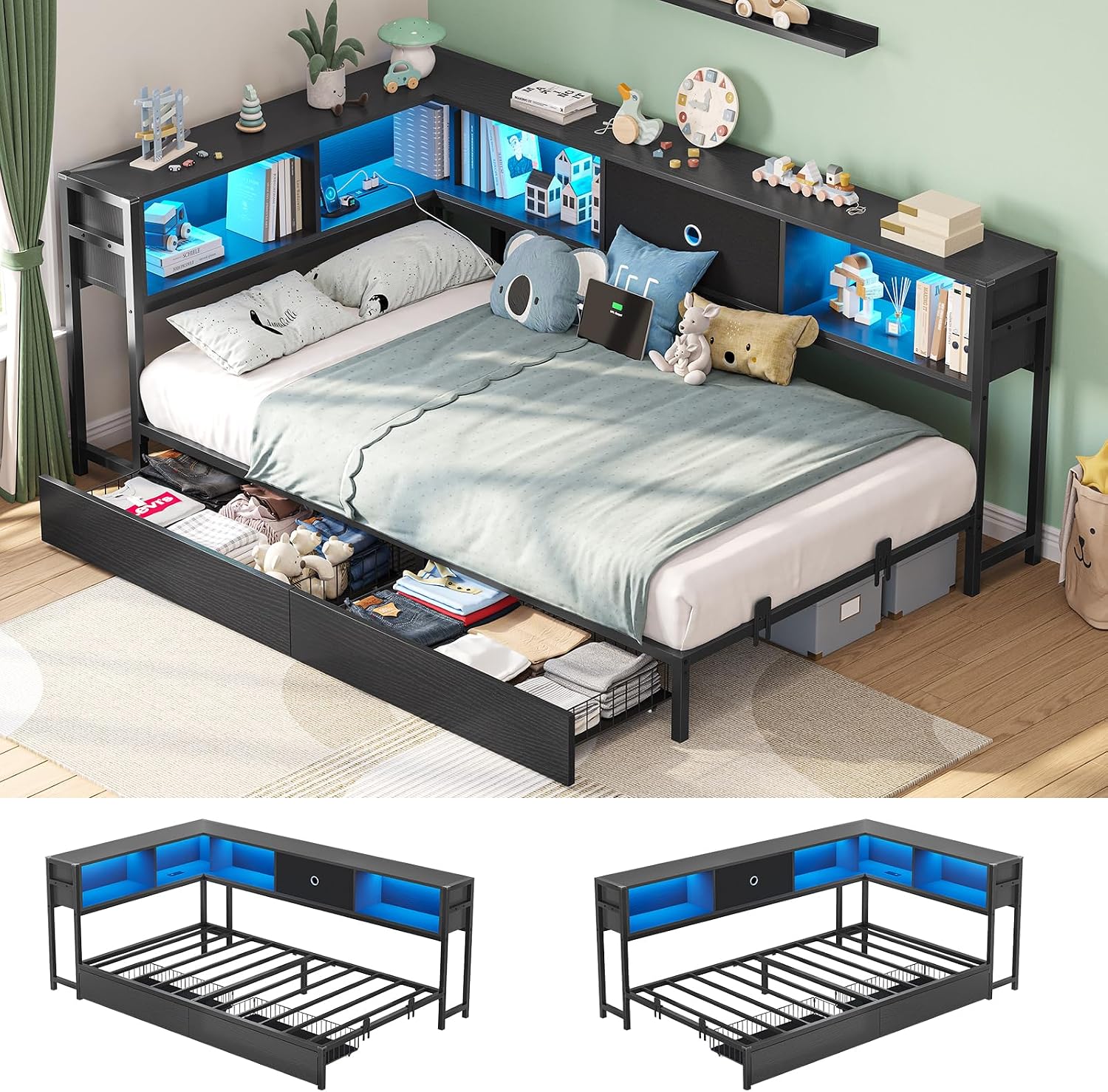Oak Gray Twin XL LED Storage Daybed