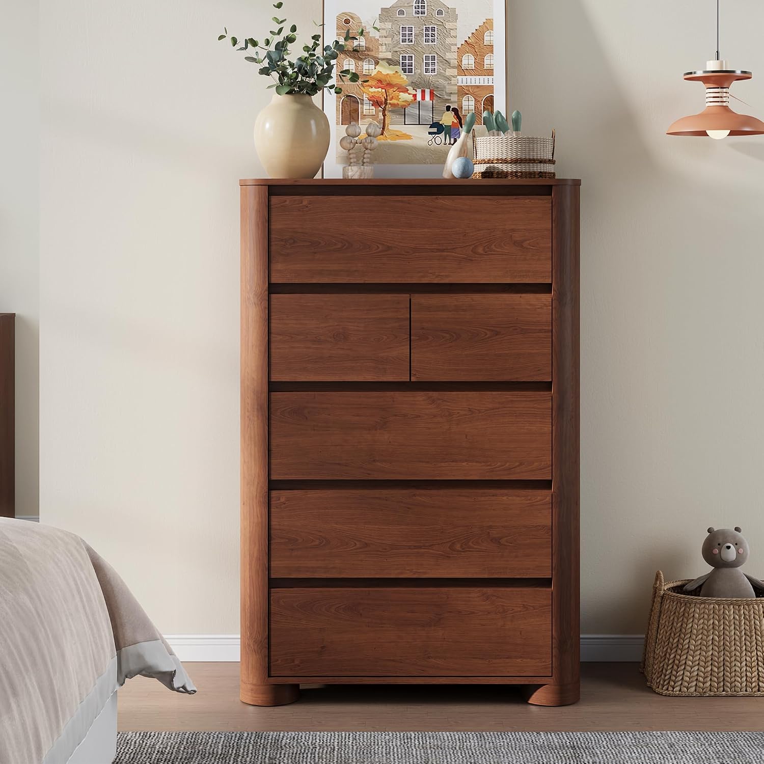 Walnut 6 Drawer Tall Bedroom Dresser
