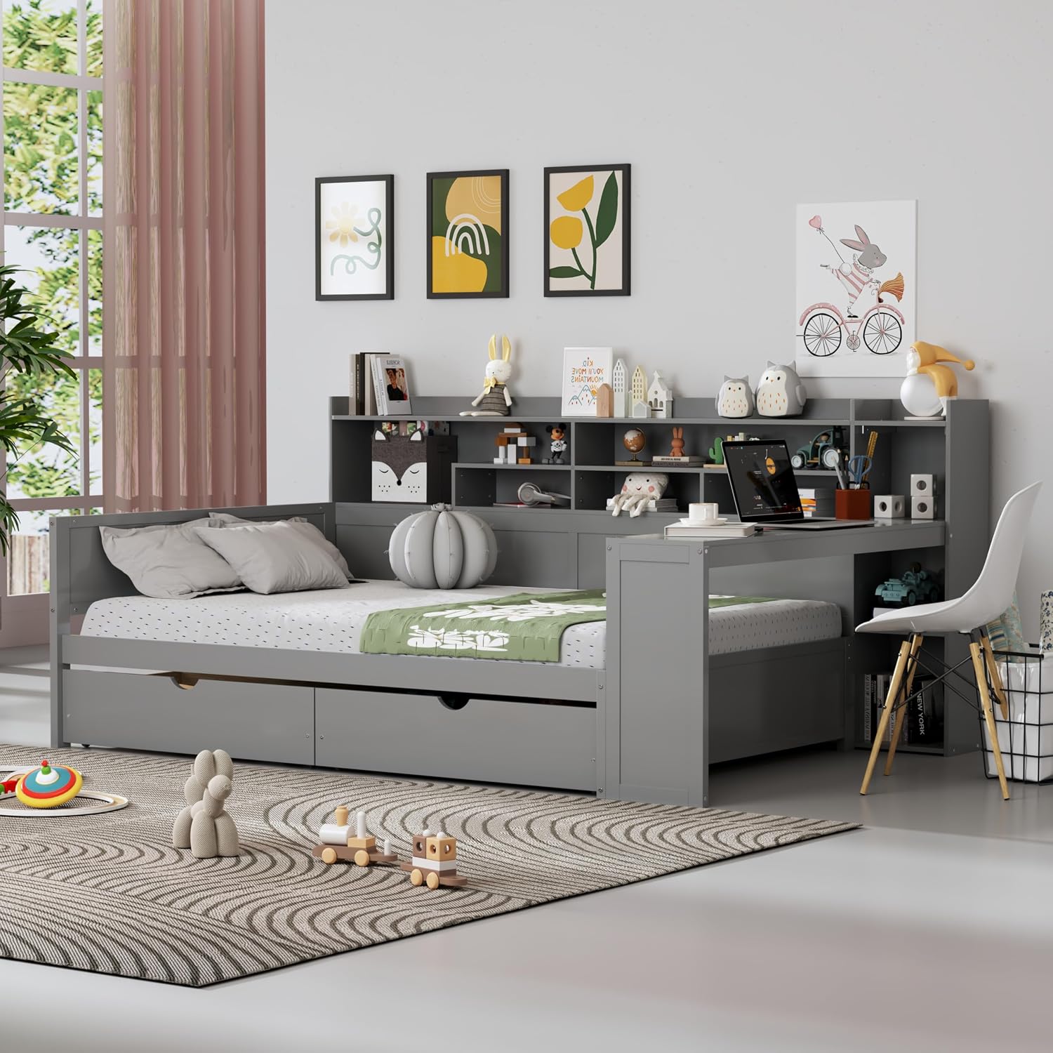 Gray Full Daybed Desk Storage Drawer Bed Frame