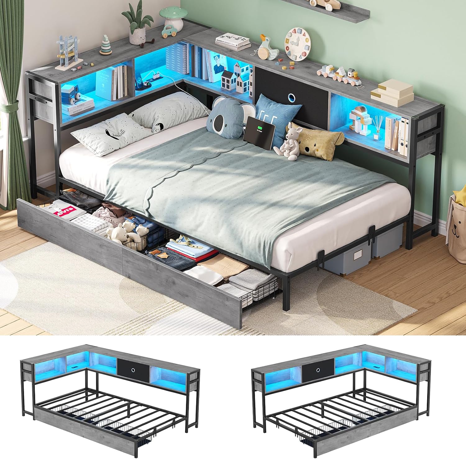 Oak Gray Twin XL LED Storage Daybed