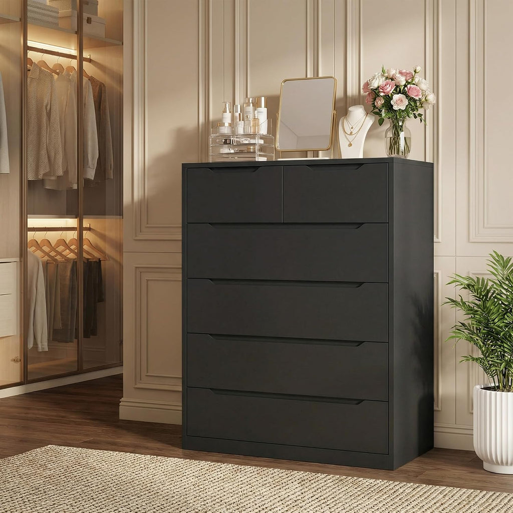 Black Handle-Free 6 Drawer Dresser