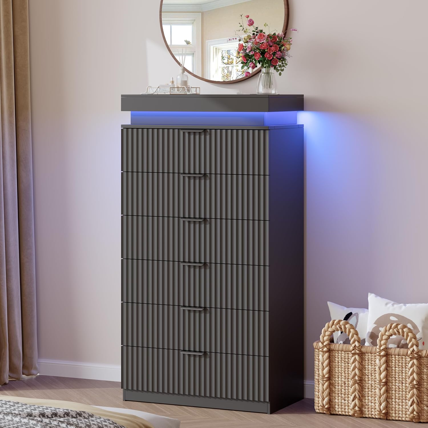 Black 6 Drawer LED Charging Wooden Bedroom Dresser