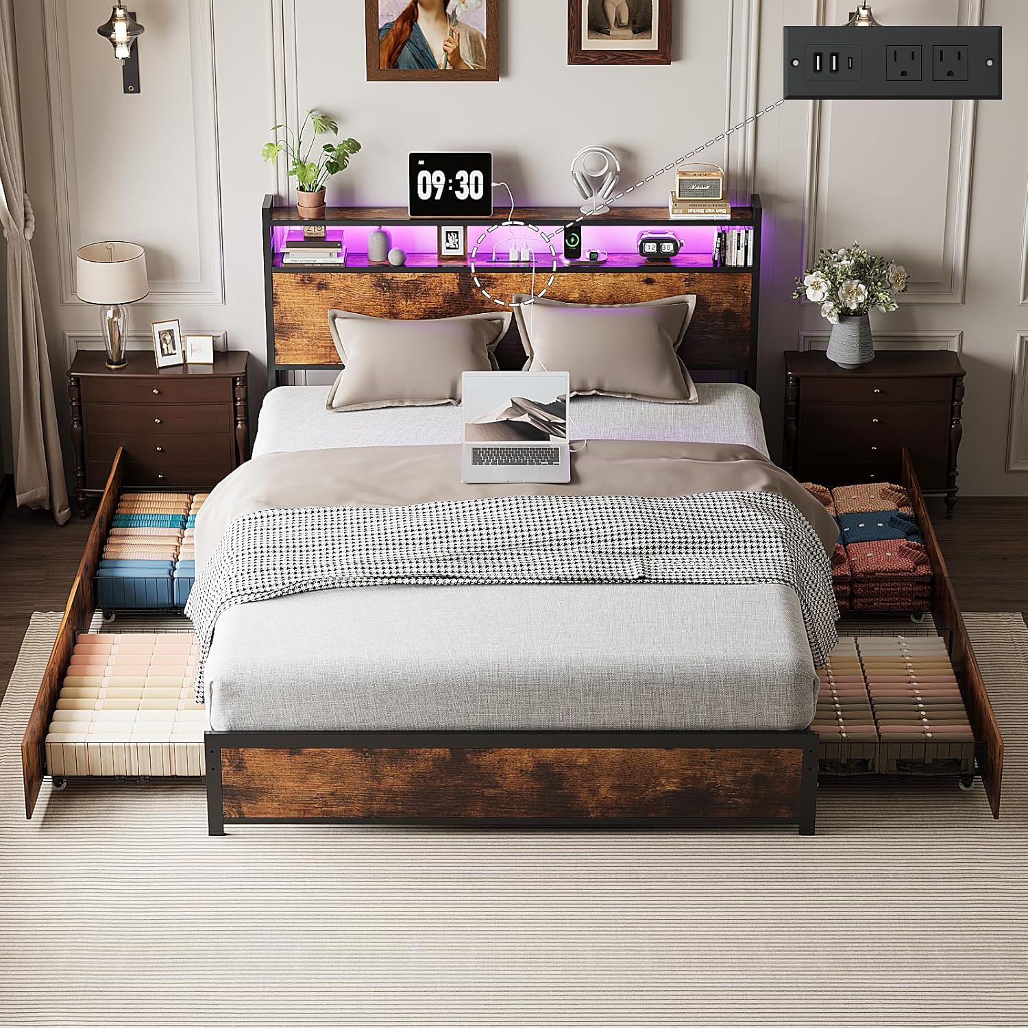 Brown King LED Storage Metal Bed Frame