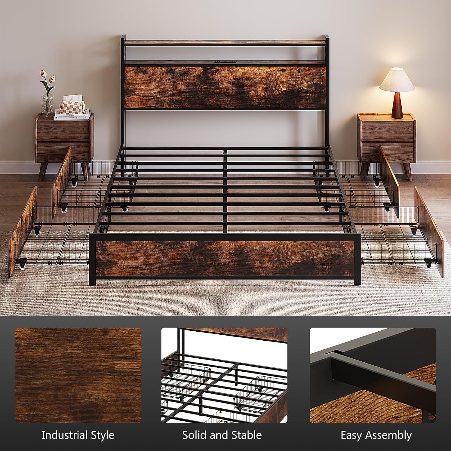Brown King LED Storage Metal Bed Frame