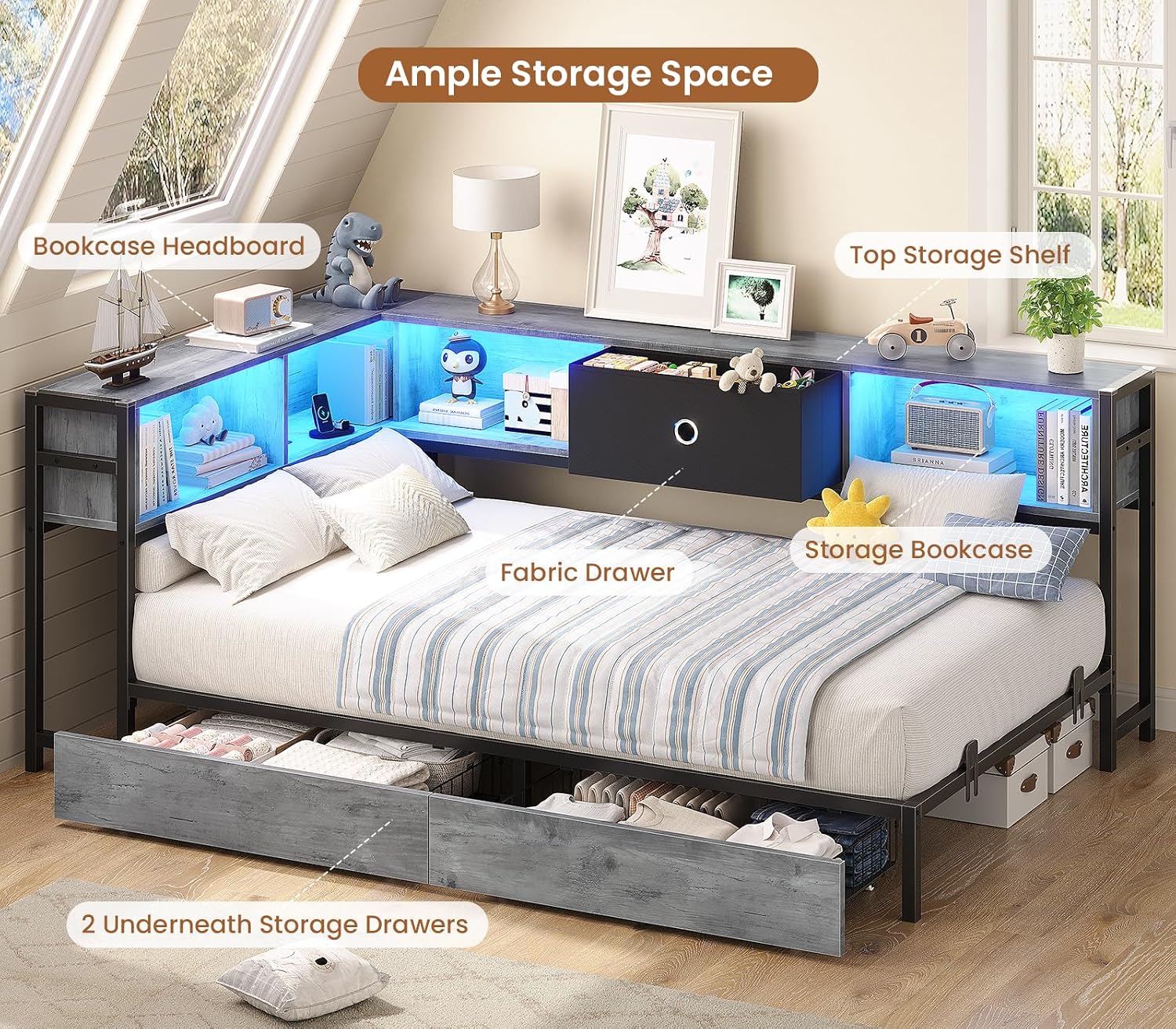 Oak Gray Twin XL LED Storage Daybed