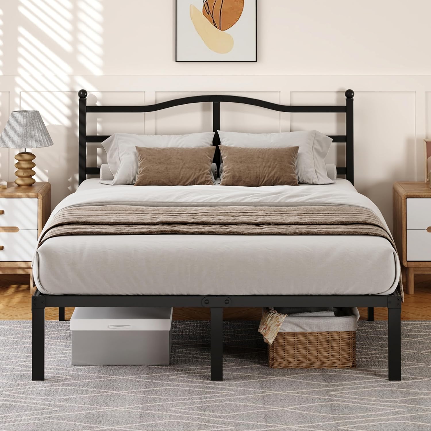 King Metal Bed Frame Steel Slats Headboard