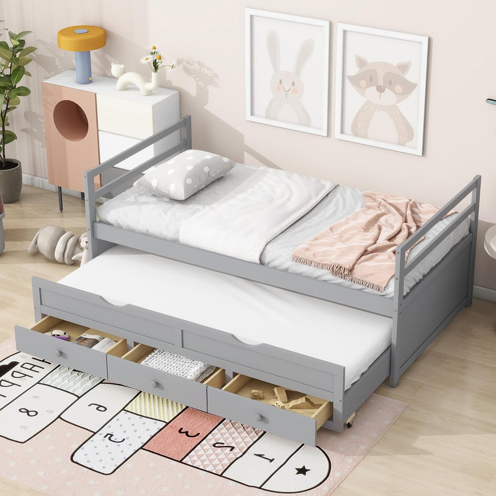 Gray Twin Trundle Storage Bed Frame