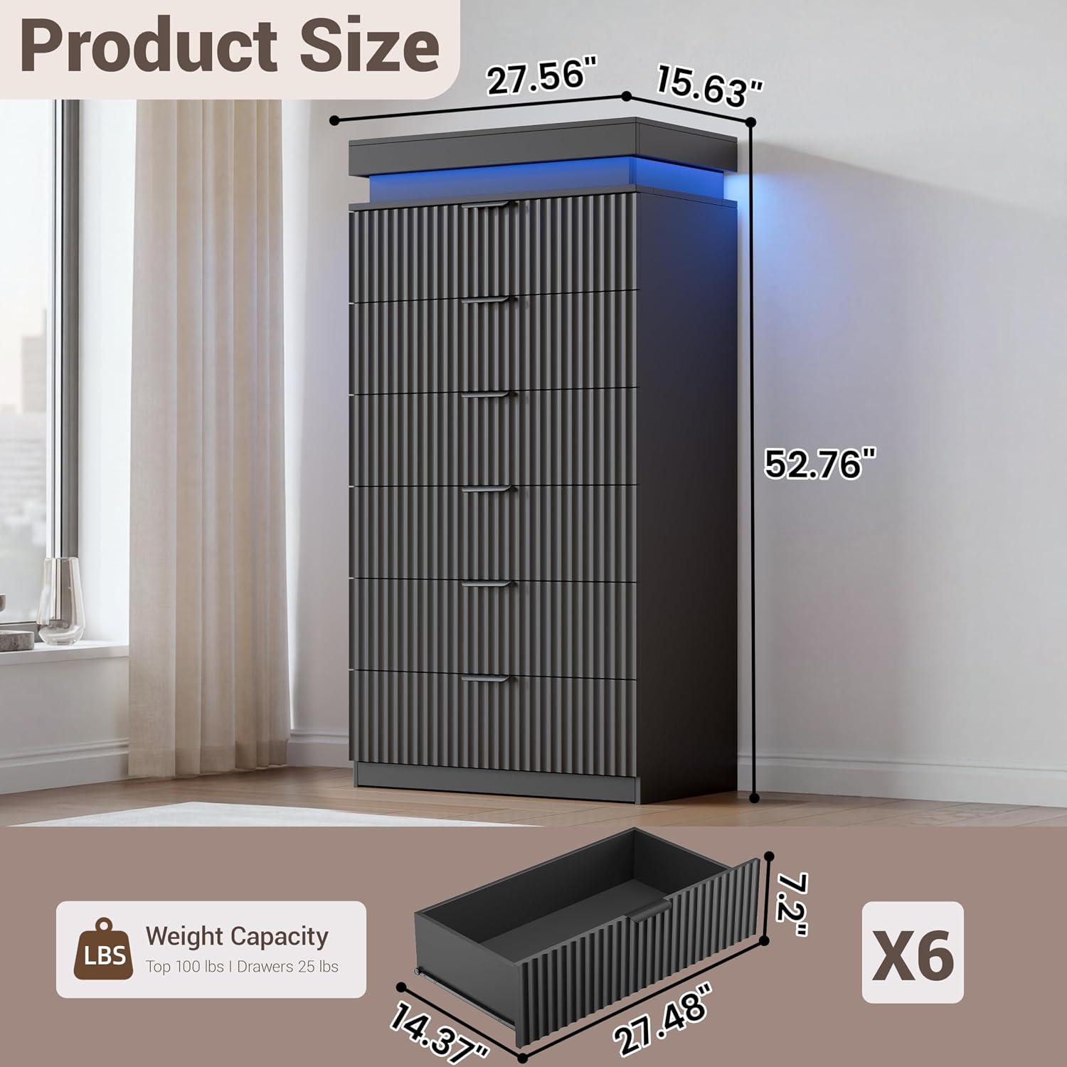 Black 6 Drawer LED Charging Wooden Bedroom Dresser