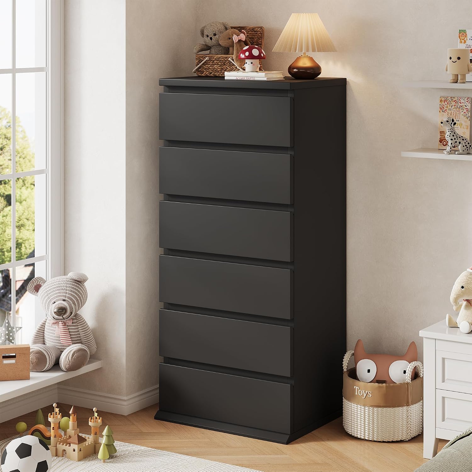 Black Handleless 6 Drawer Tall Wooden Dresser