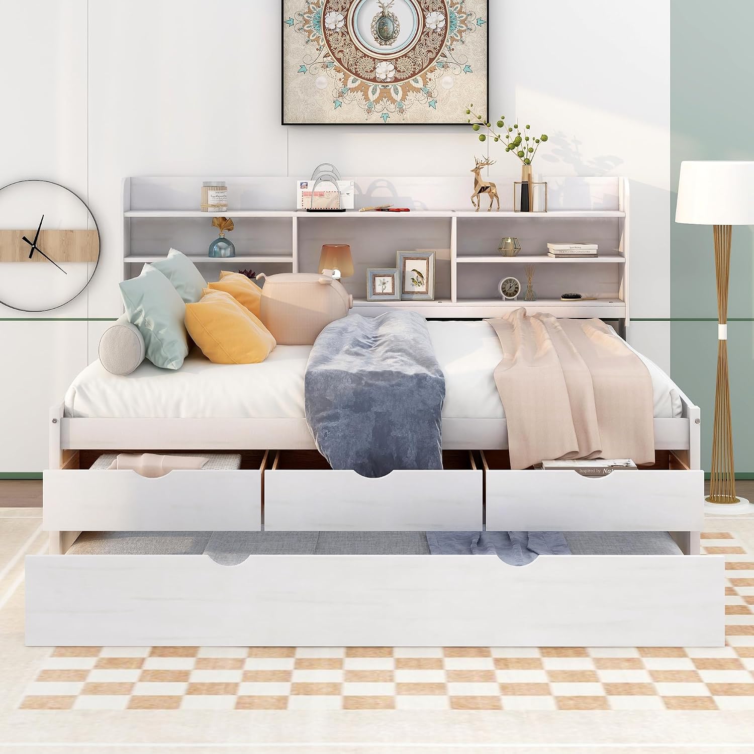 White Full Trundle Storage Daybed Frame