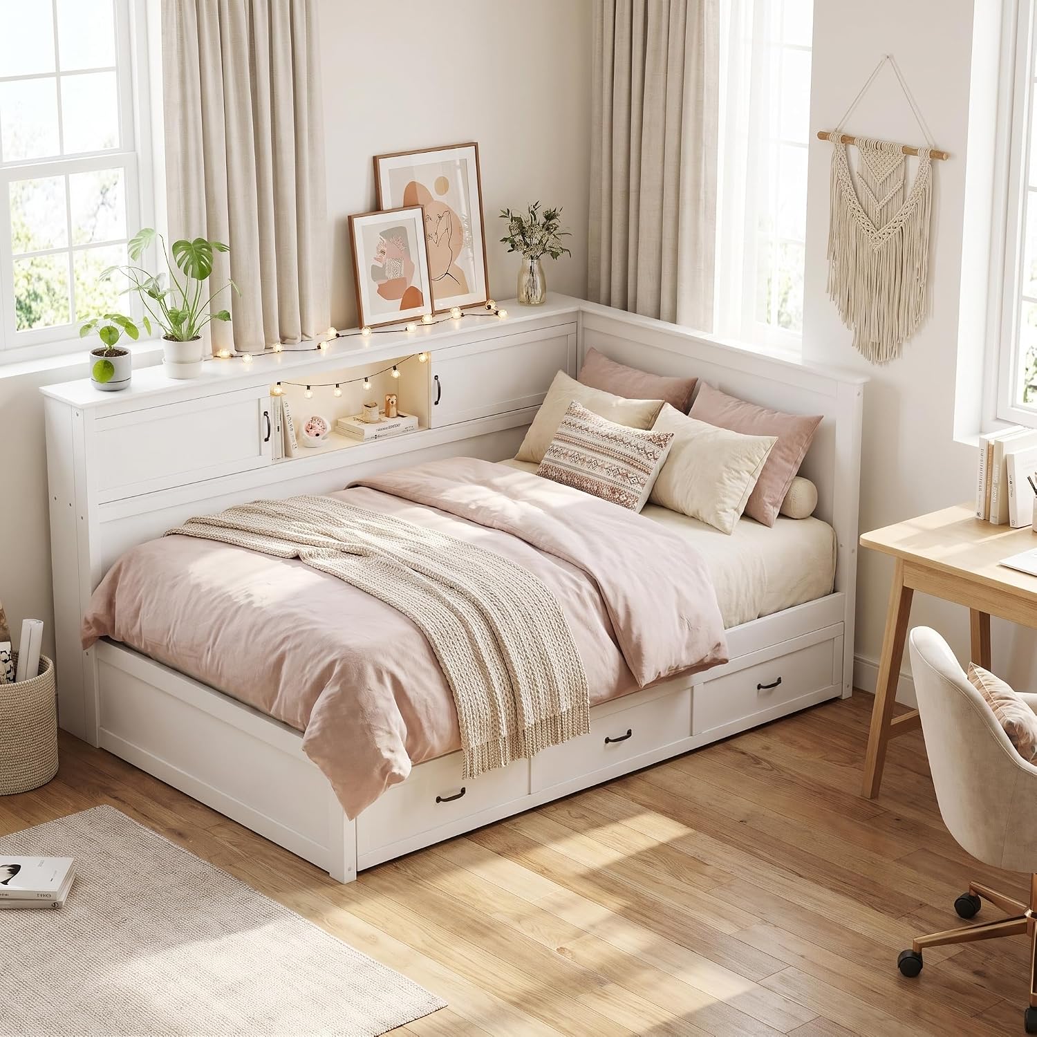 White Full LED USB Storage Daybed
