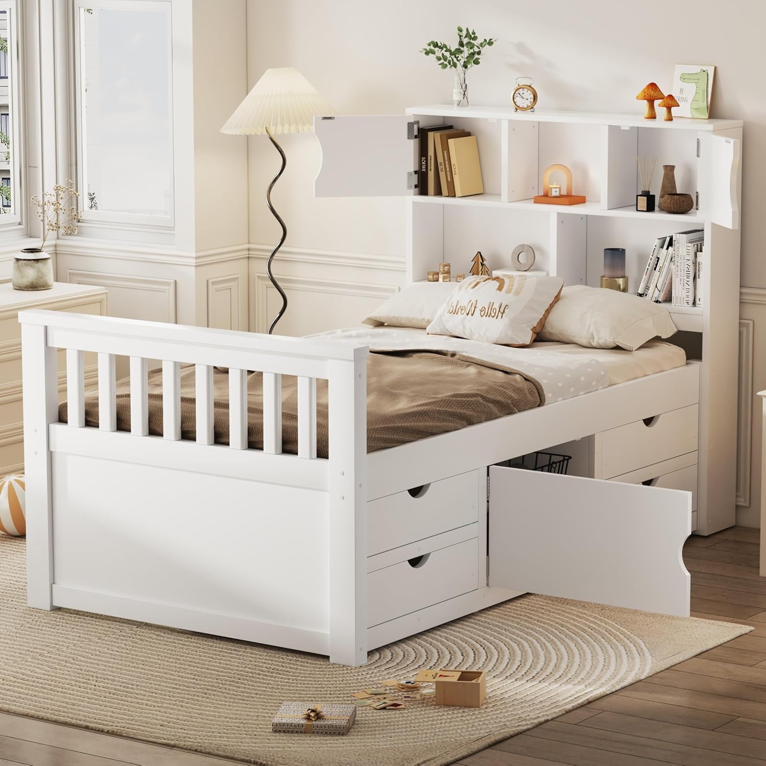 White Twin Storage Bookcase Bed Frame