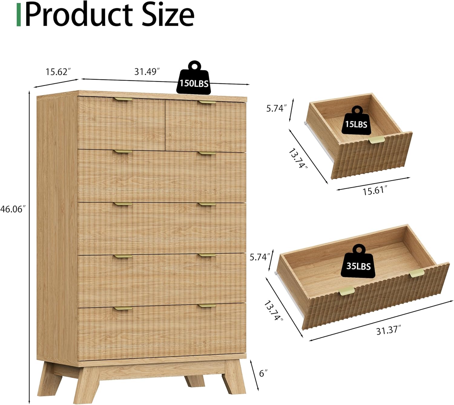 Natural Oak Fluted 6 Drawer Tall Wooden Dresser