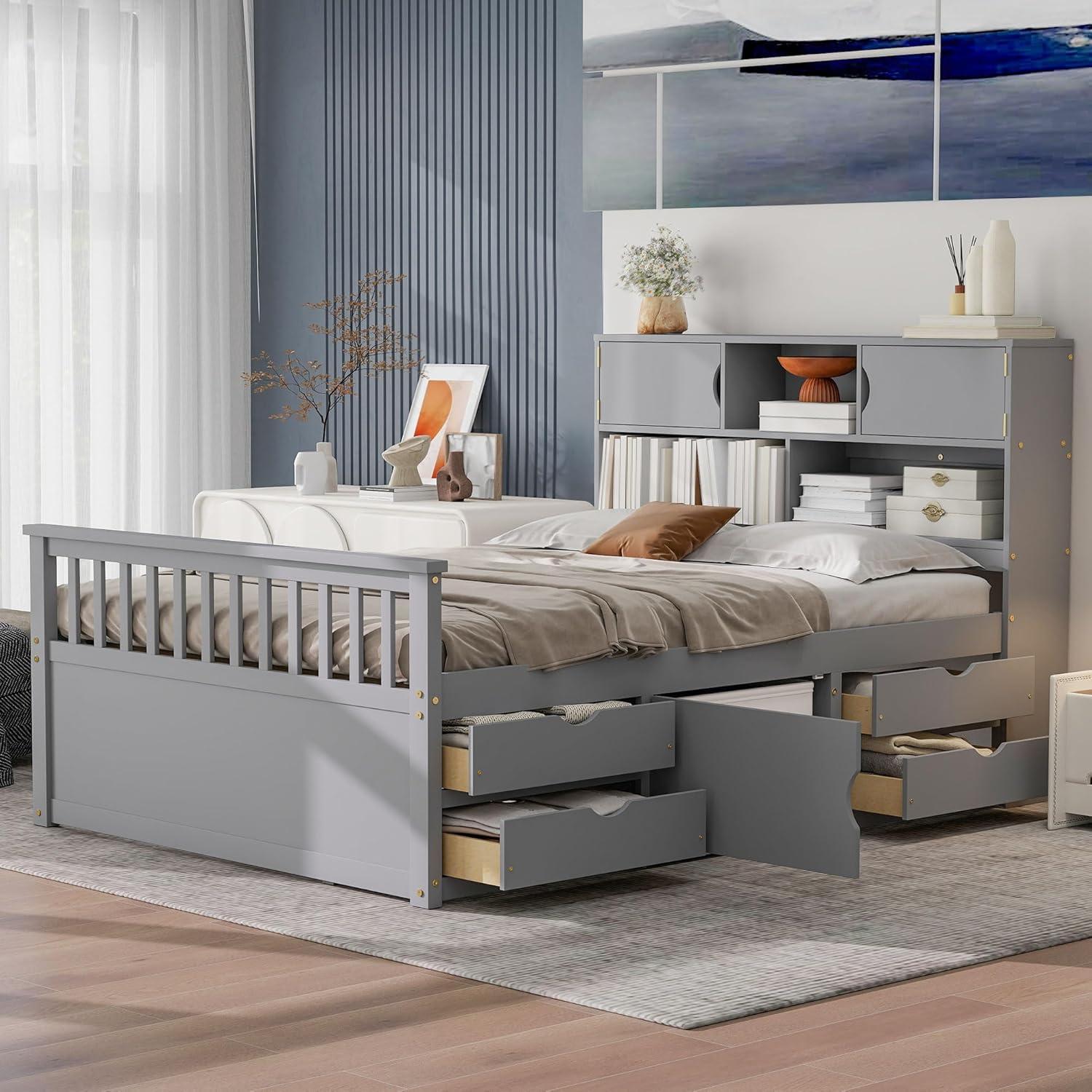 Grey Full Bookcase Storage Wood Bed