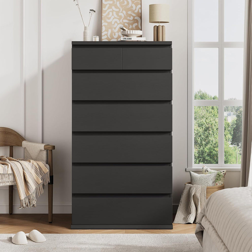 Black 7 Drawer Tall Wood Vertical Bedroom Dresser