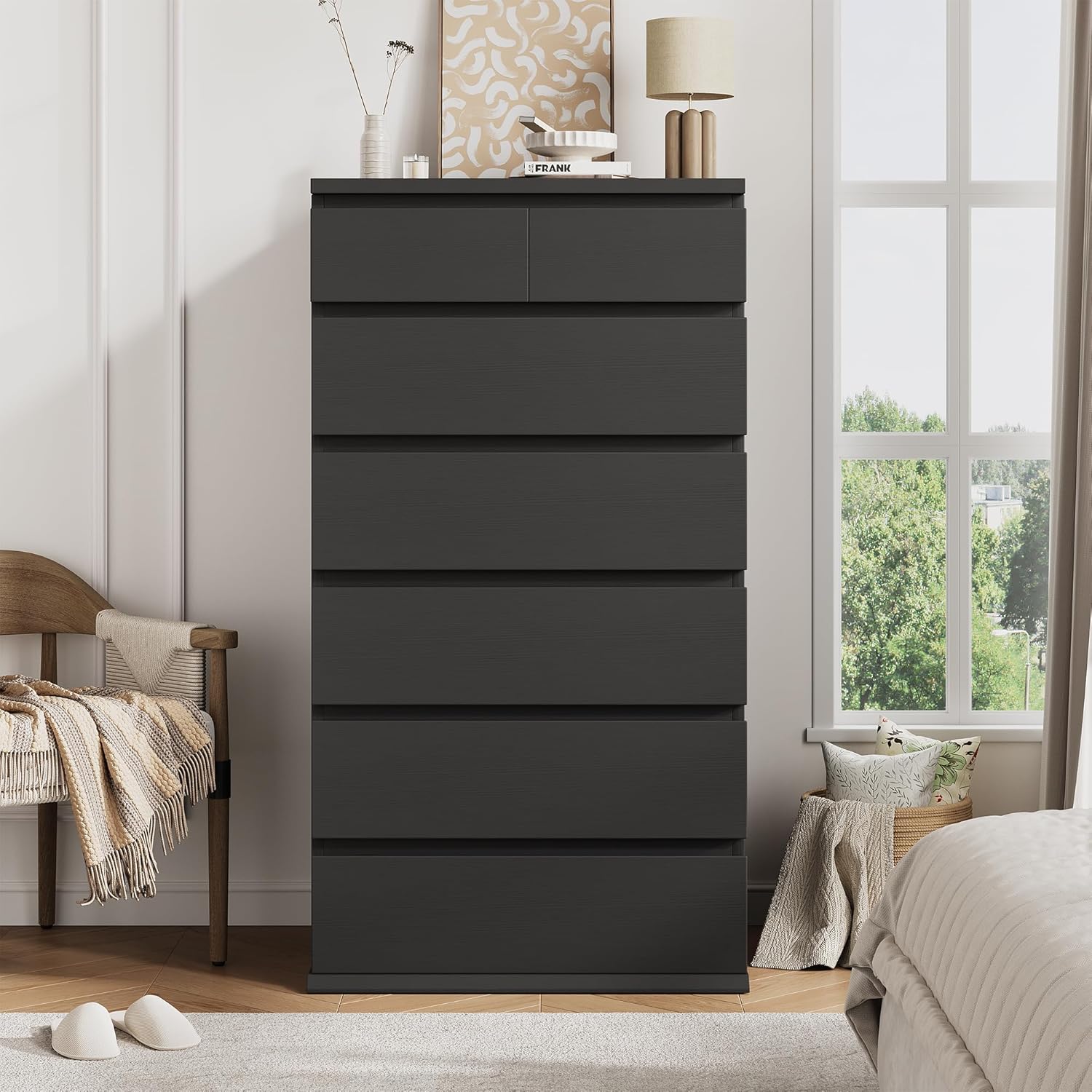 Black 7 Drawer Tall Wood Vertical Bedroom Dresser