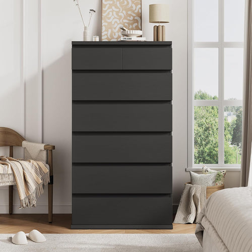 Black 7 Drawer Tall Wood Vertical Bedroom Dresser