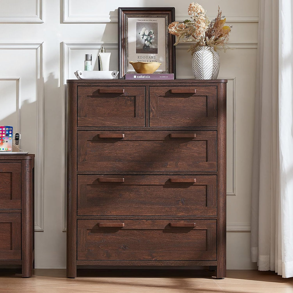 Walnut Farmhouse 5 Drawer Vertical Dresser