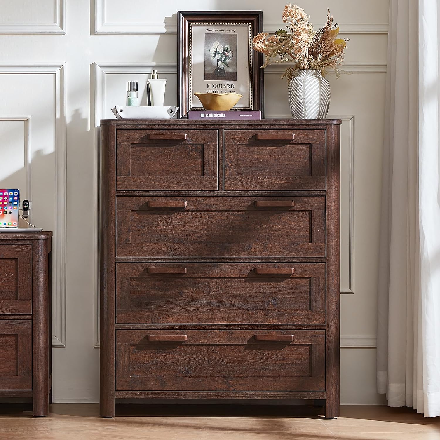Walnut Farmhouse 5 Drawer Vertical Dresser
