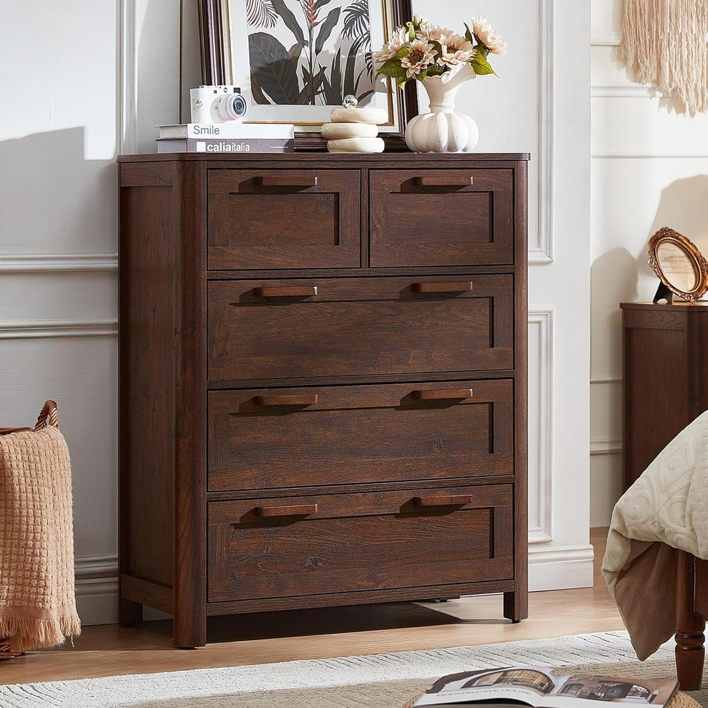 Walnut Farmhouse 5 Drawer Vertical Dresser