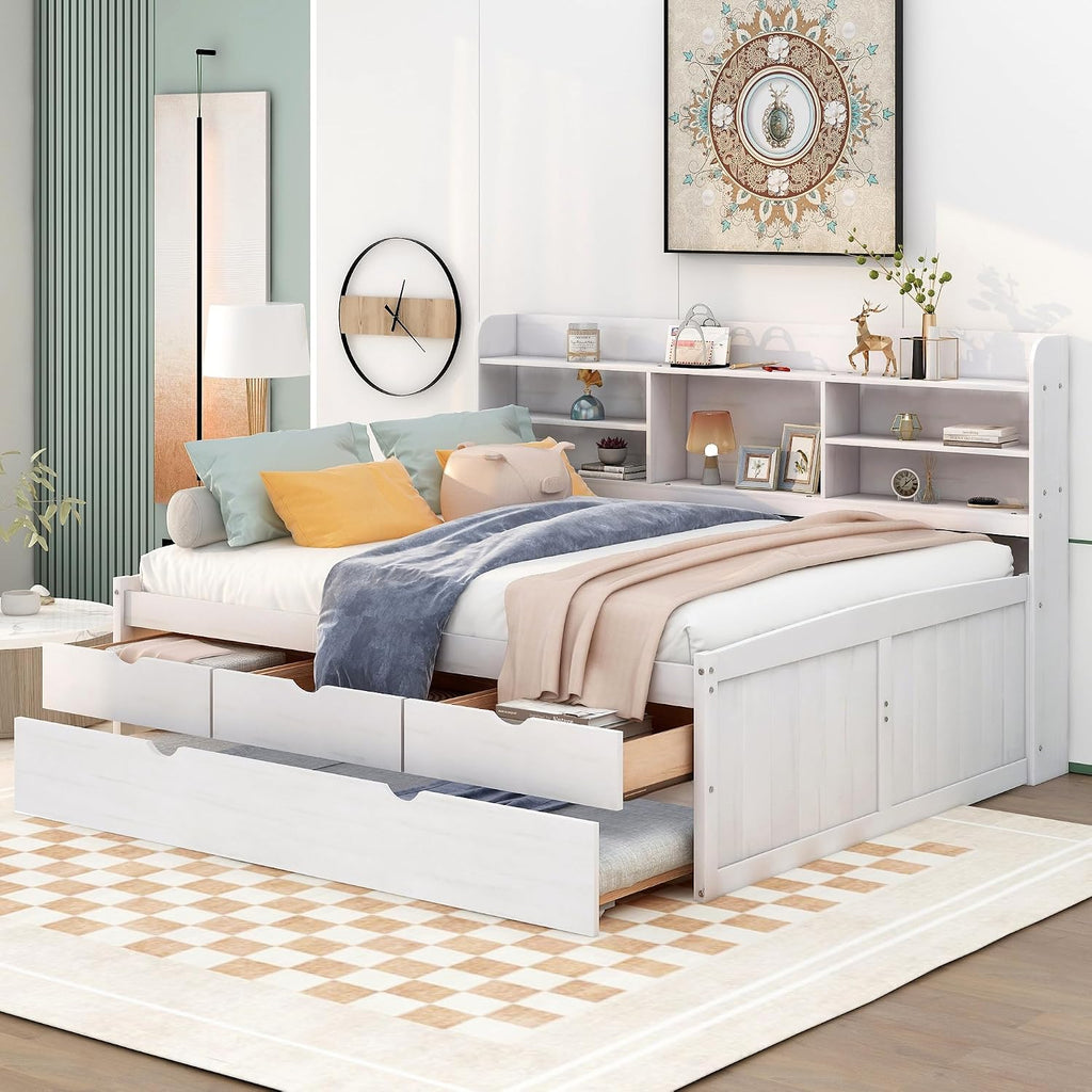 White Full Trundle Storage Daybed Frame