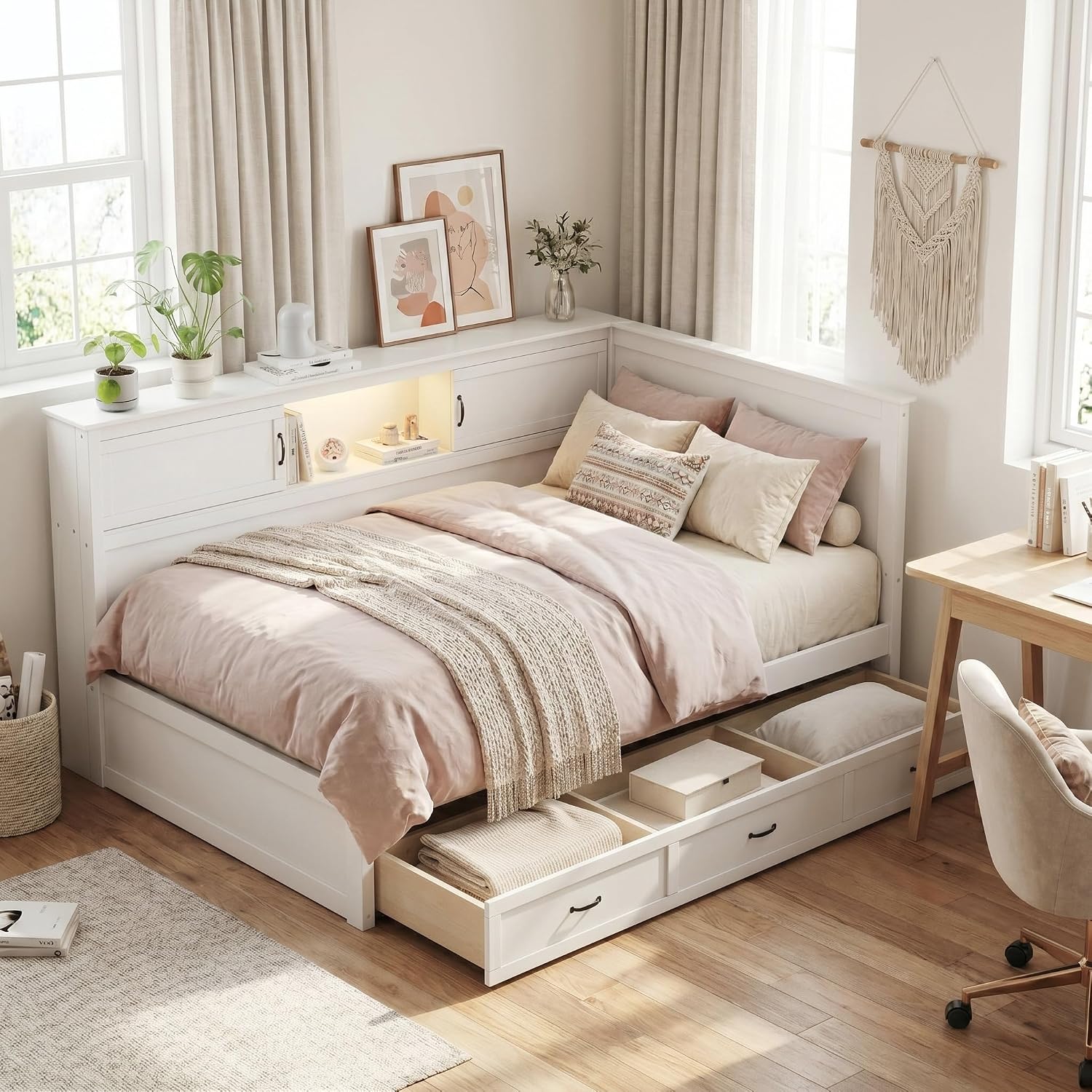 White Full LED USB Storage Daybed