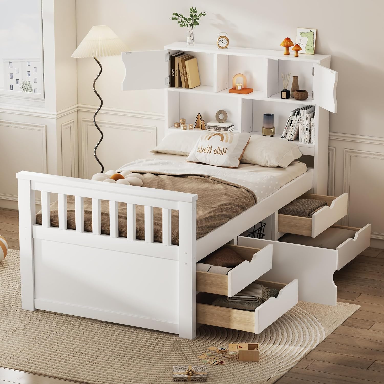White Twin Storage Bookcase Bed Frame