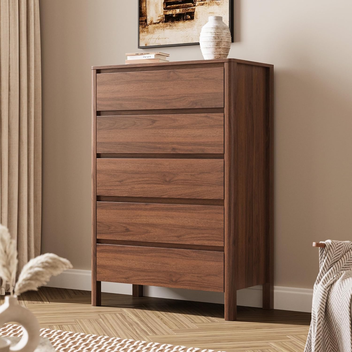 Walnut Hidden Handle 5 Drawer Dresser