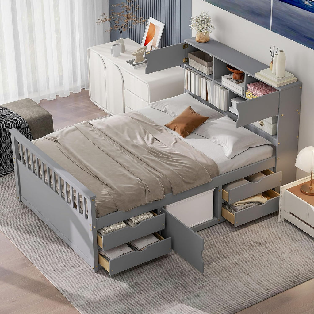 Grey Full Bookcase Storage Wood Bed