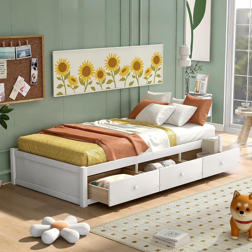 White Twin Drawer Storage Wood Bed