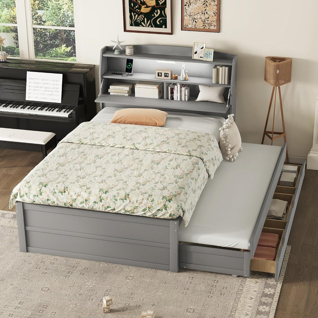 Gray Full LED Trundle Platform Bed