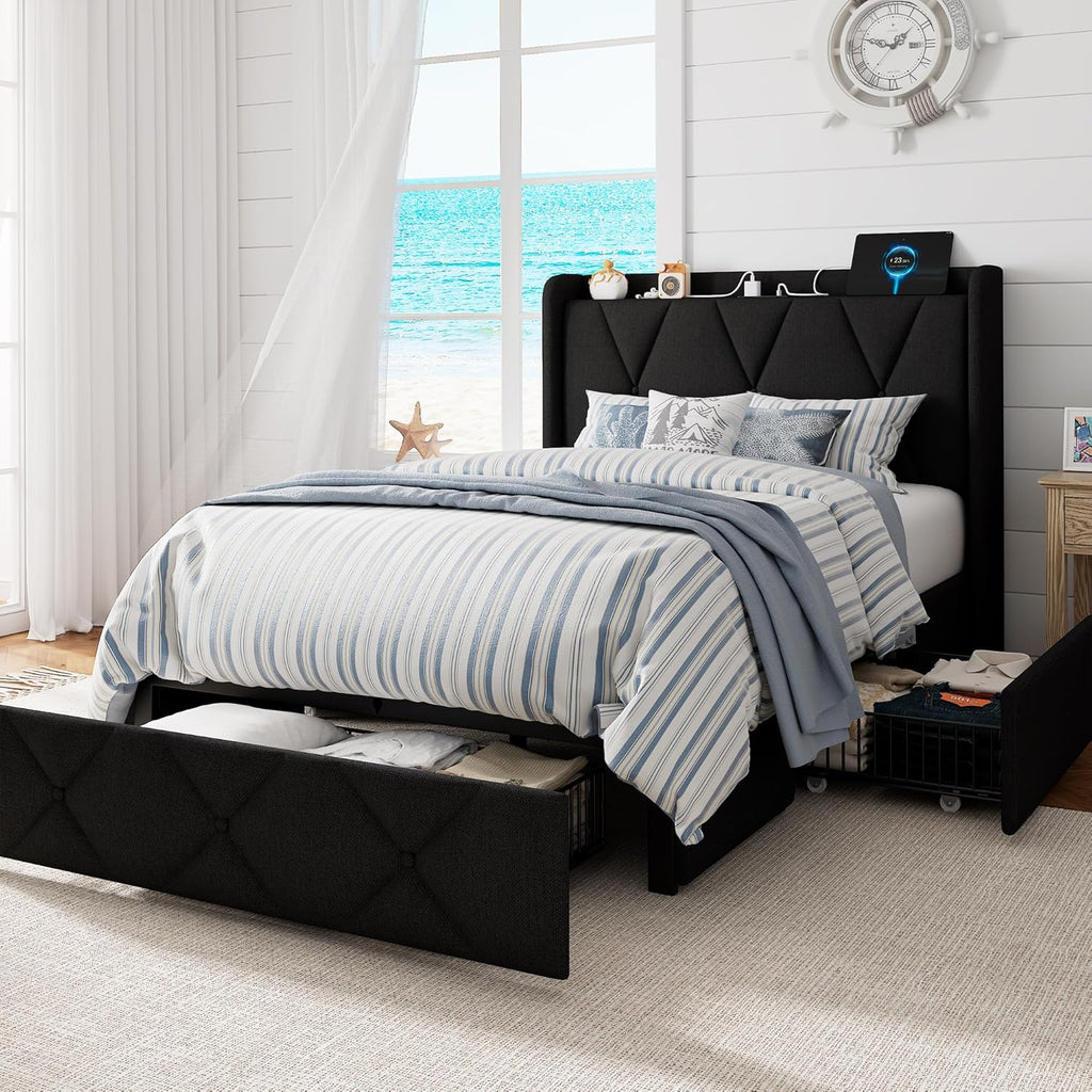 Black Twin Charging Storage Bed Frame