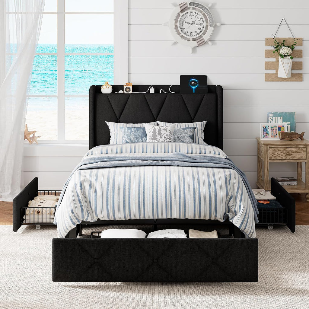Black Twin Charging Storage Bed Frame