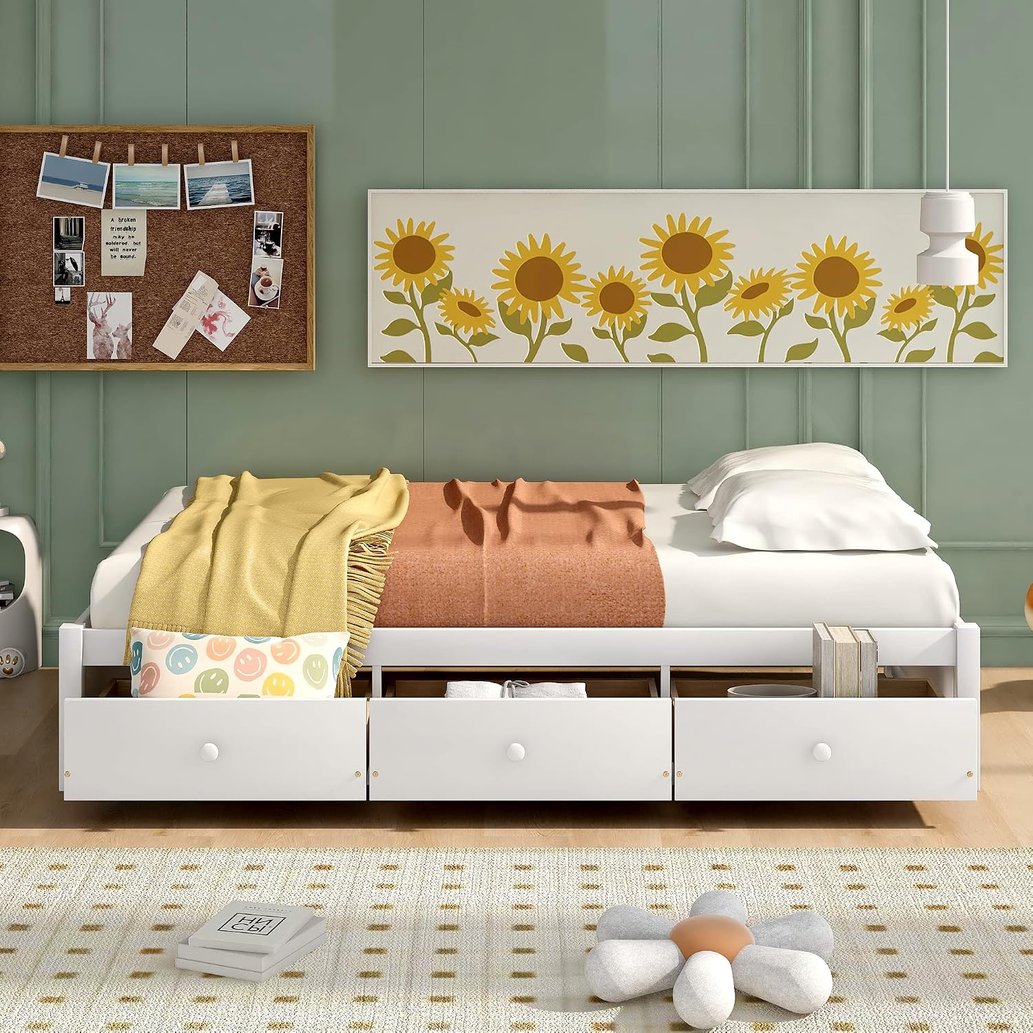 White Twin Drawer Storage Wood Bed