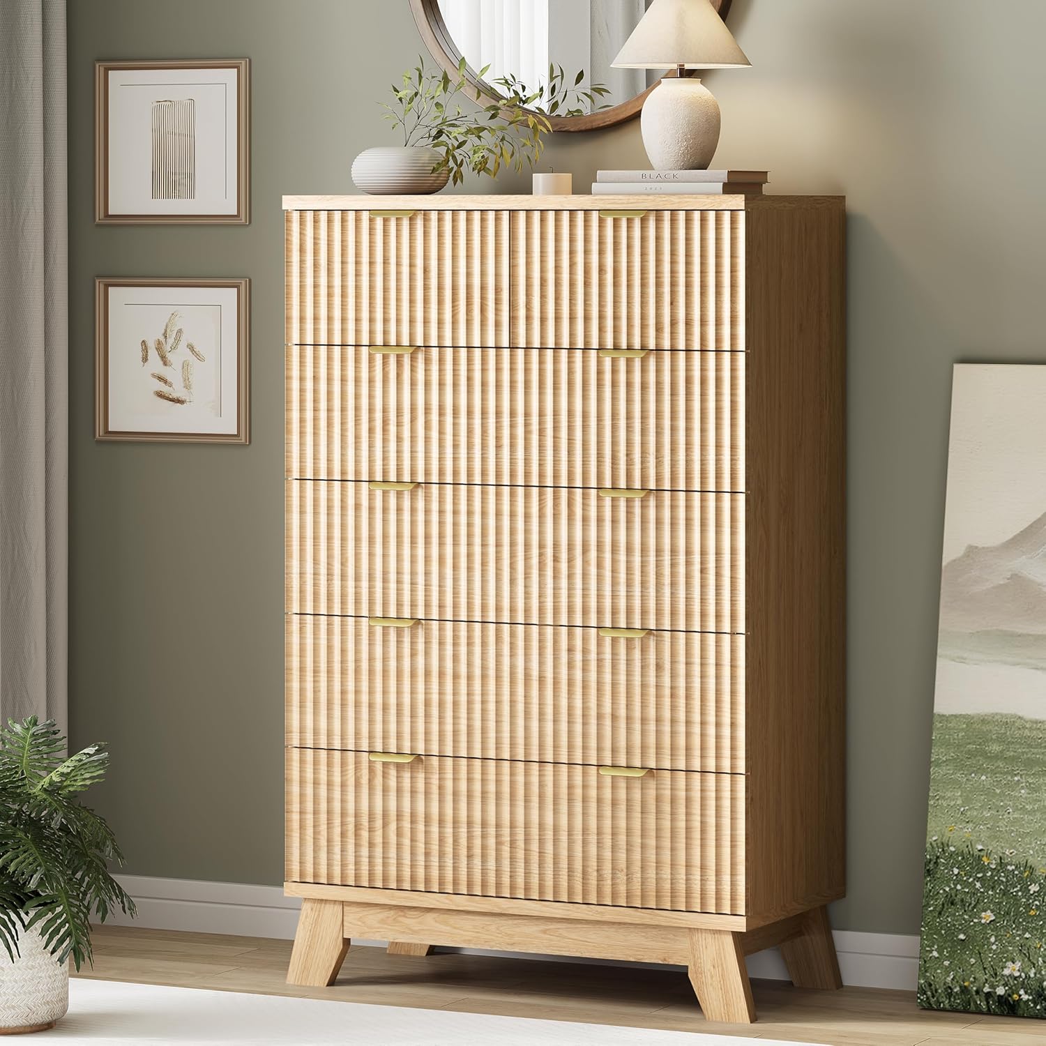Natural Oak Fluted 6 Drawer Tall Wooden Dresser
