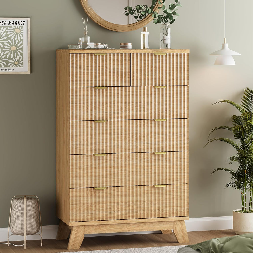 Natural Oak Fluted 6 Drawer Tall Wooden Dresser