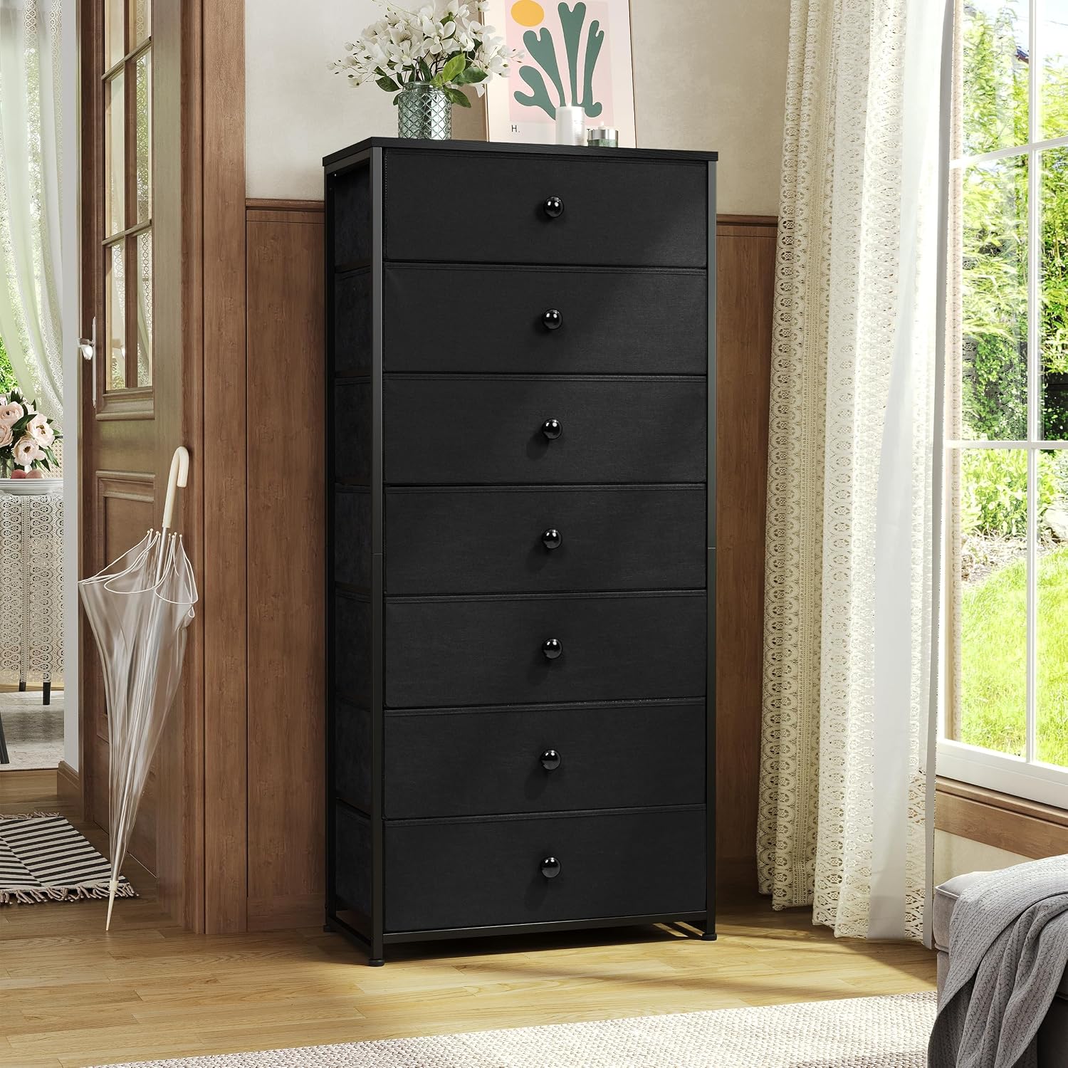 Black 7 Drawer Fabric Wood Top Tall Dresser