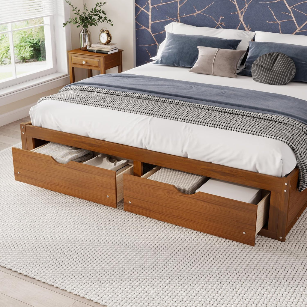 Walnut King Solid Wood Storage Platform Bed